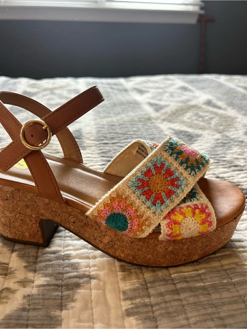 SO Tan Wedge Sandals with Multicolor Crochet Accents